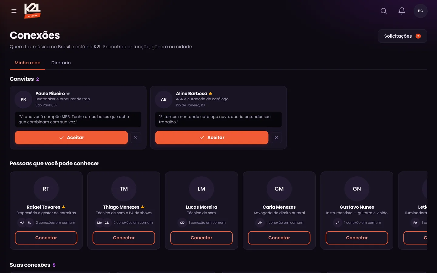 Conexões na K2L Academy, no computador