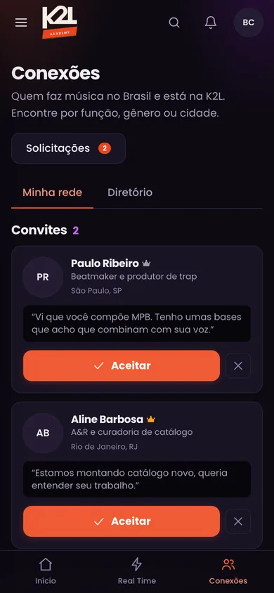 Conexões na K2L Academy, no celular
