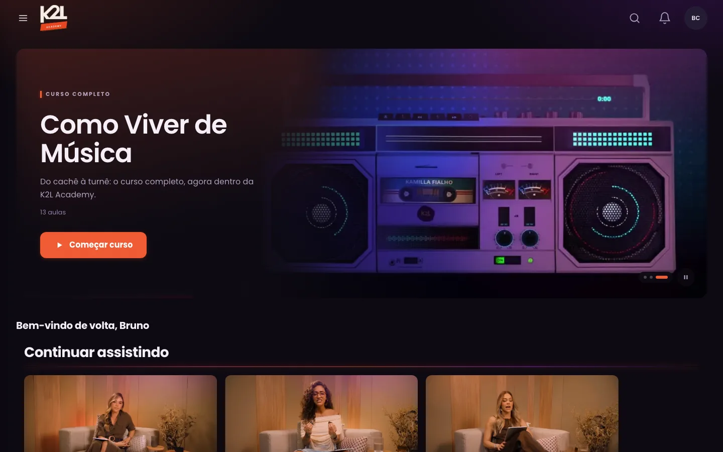 Conteúdo na K2L Academy, no computador