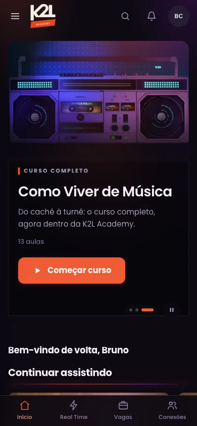 Conteúdo na K2L Academy, no celular
