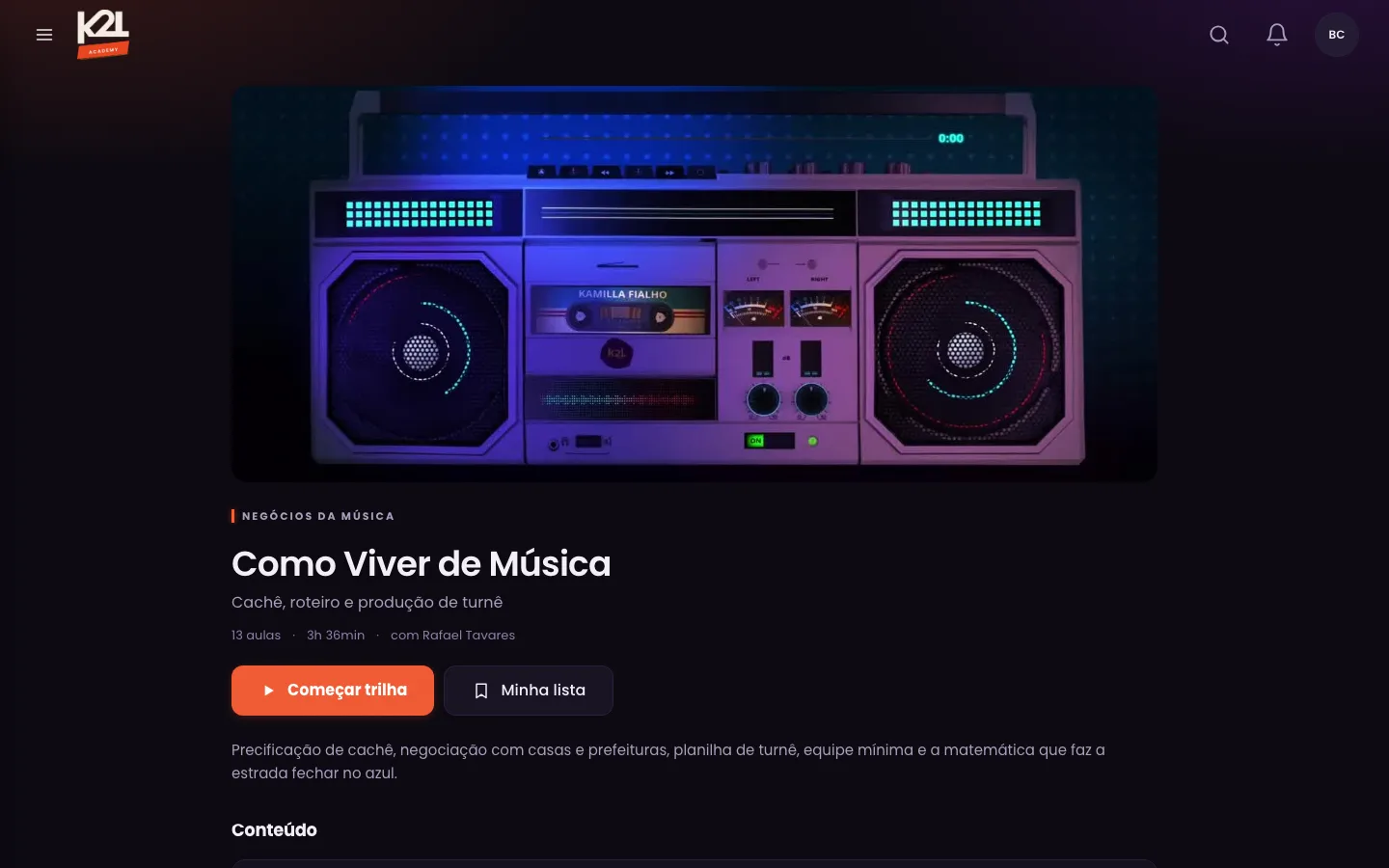Como Viver de Música na K2L Academy, no computador
