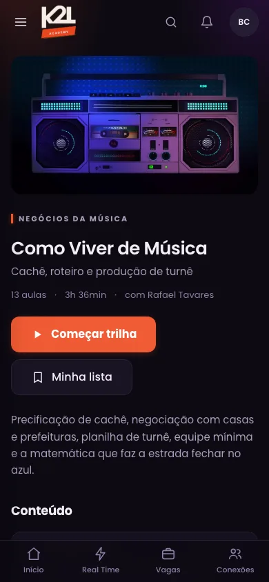Como Viver de Música na K2L Academy, no celular