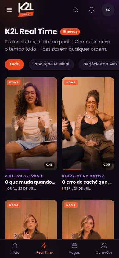 K2L Real Time na K2L Academy, no celular